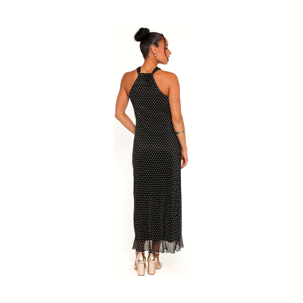 Melody Plisse Halter Maxi Dress - Black/Gold Polka Dot