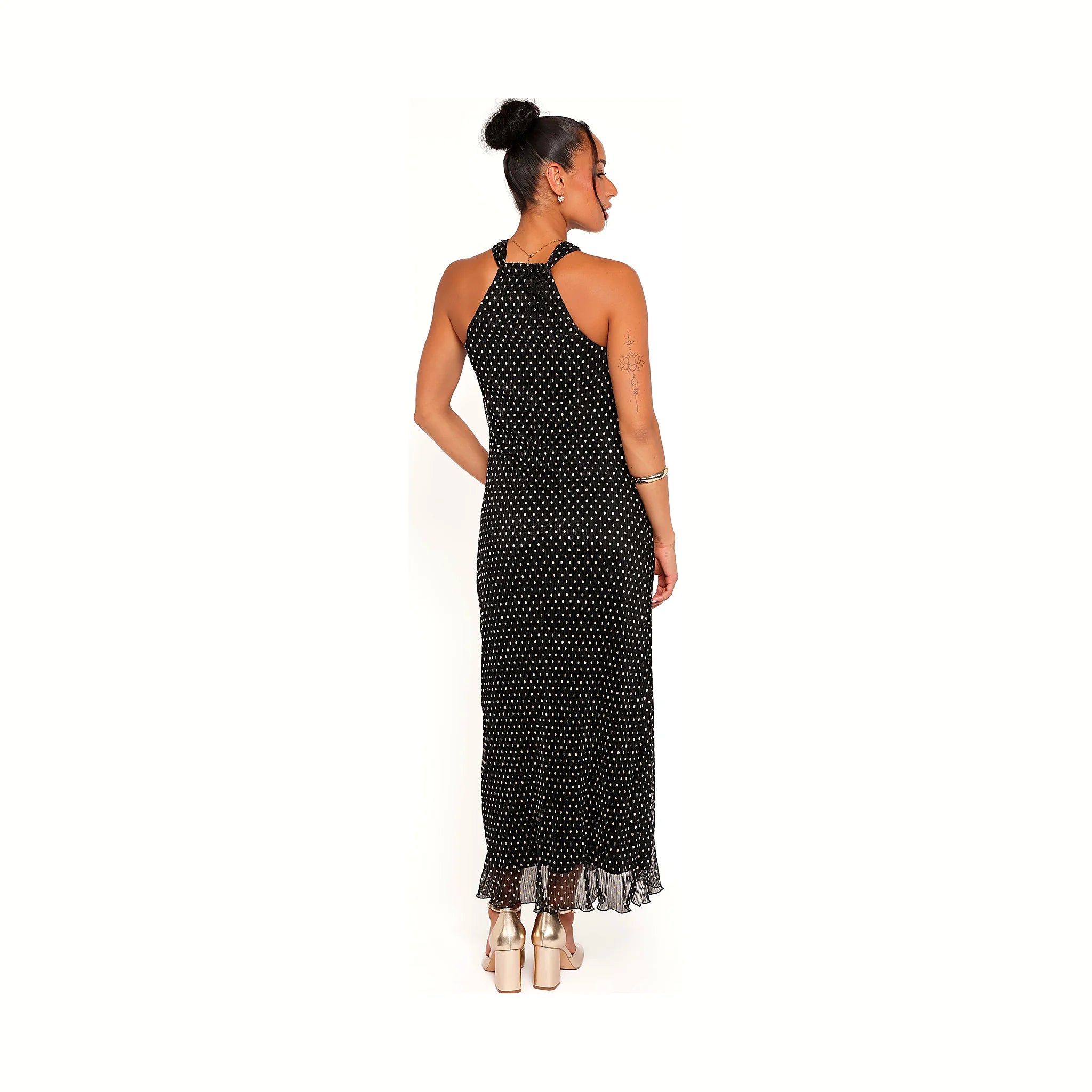 Melody Plisse Halter Maxi Dress - Black/Gold Polka Dot