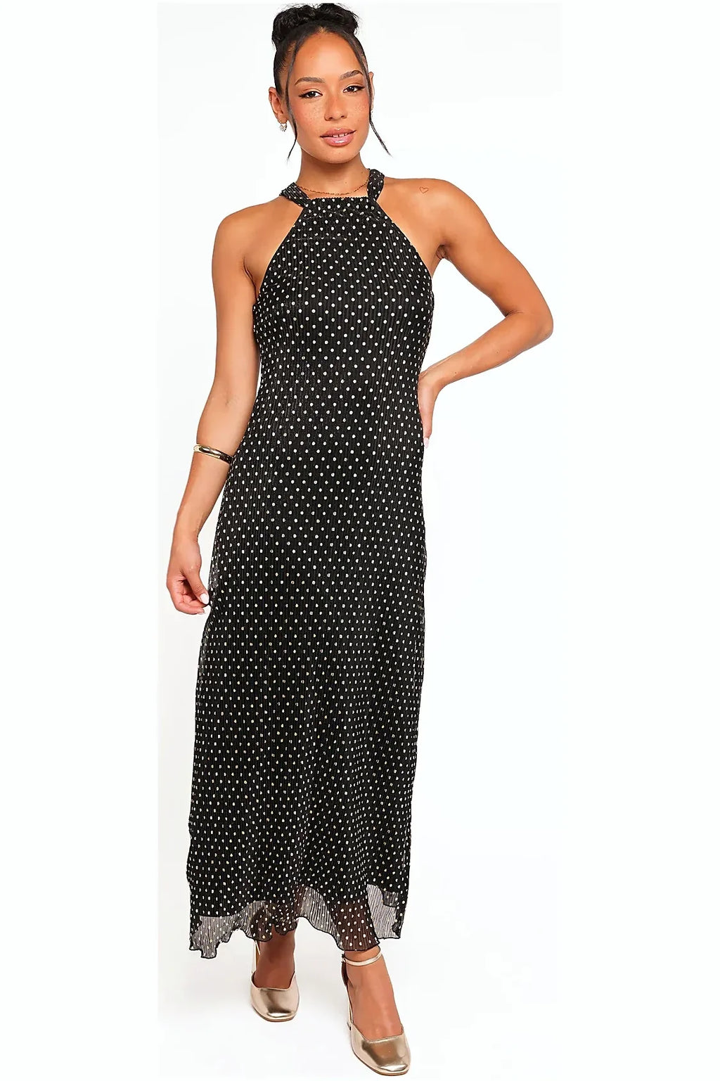 Black and gold polka dot plisse maxi dress with halter neck, front view