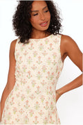 Coral floral cotton mini dress worn by a model, front