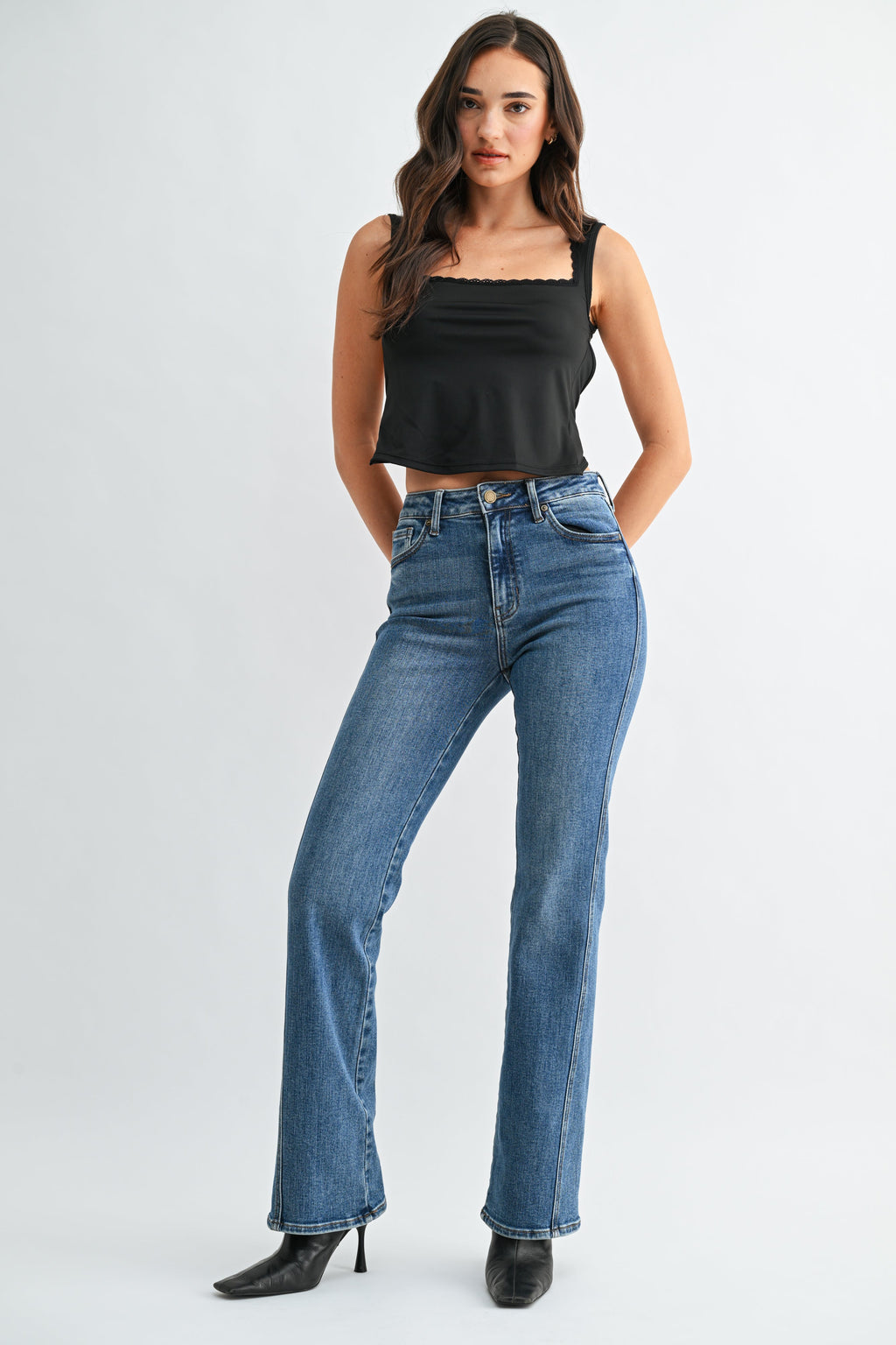 Front seam running down the leg of a bootcut jean
