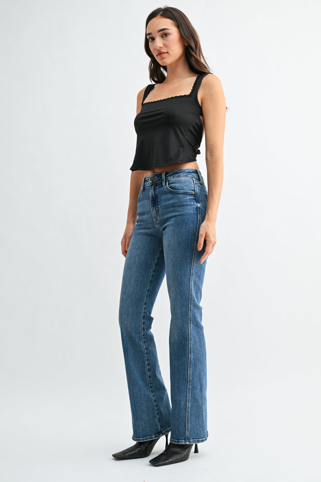 Fitted through the hip and thigh above a subtle flare