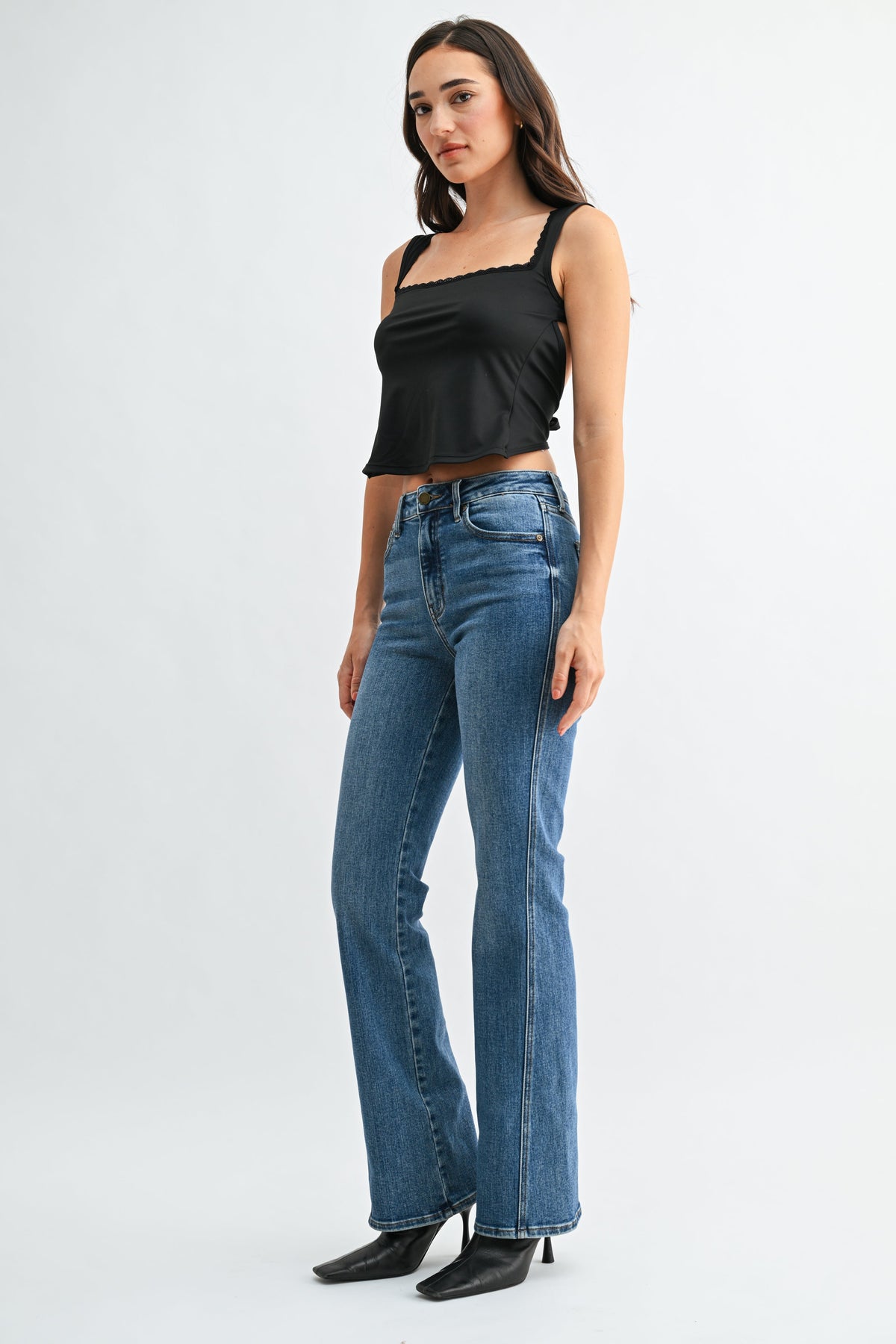 Fitted through the hip and thigh above a subtle flare