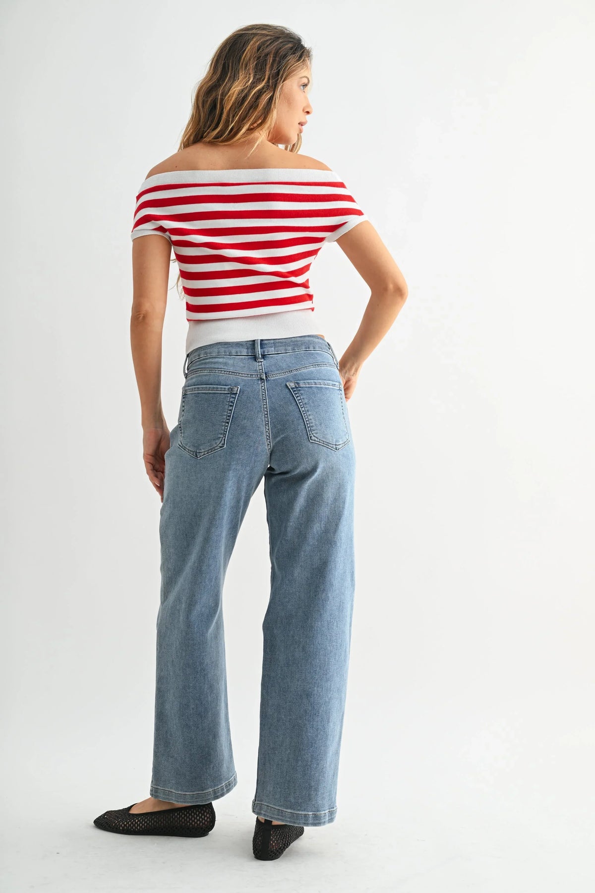 Clean modern wide-leg line on a soft structured denim