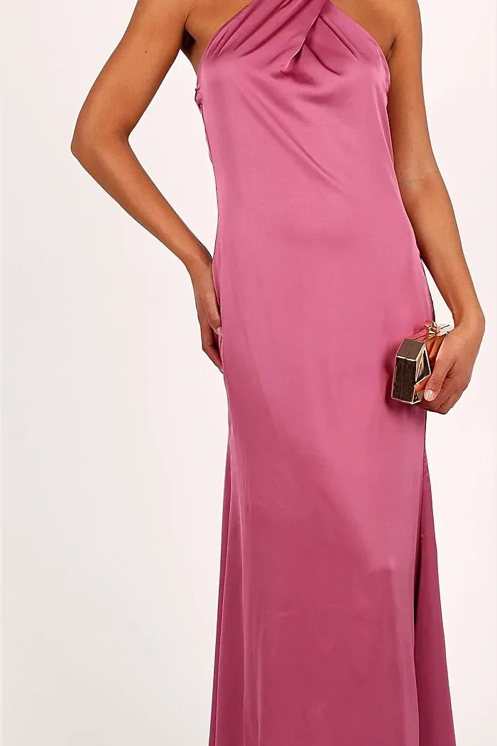 Dark rose satin halterneck maxi dress, front view on model