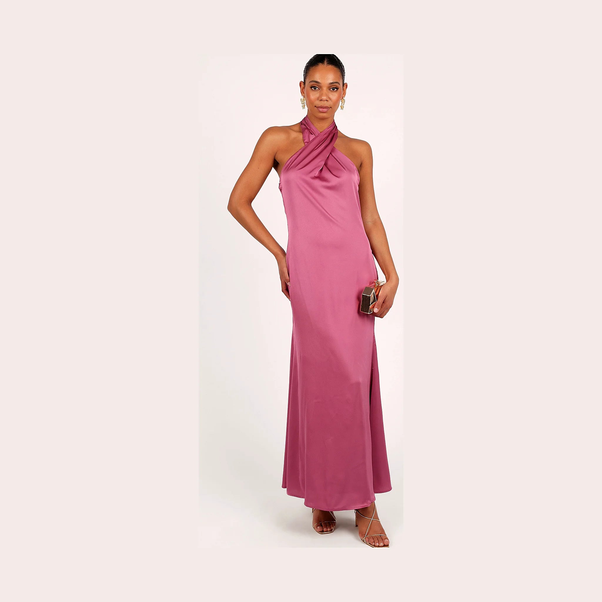 Dark rose satin maxi dress with a halter neck