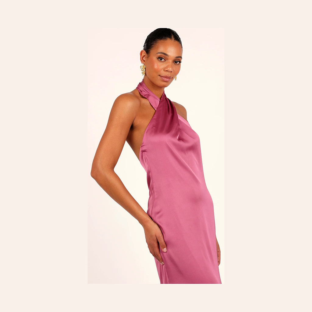 Satin maxi dress with a hidden back zip and hook clasp