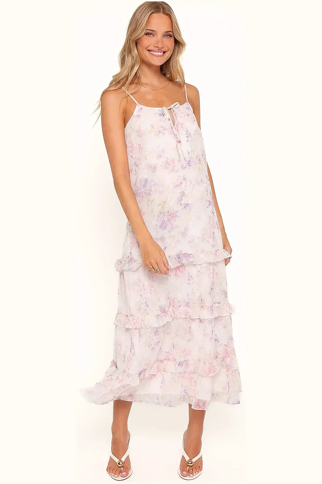 White floral print maxi dress seen from the back
