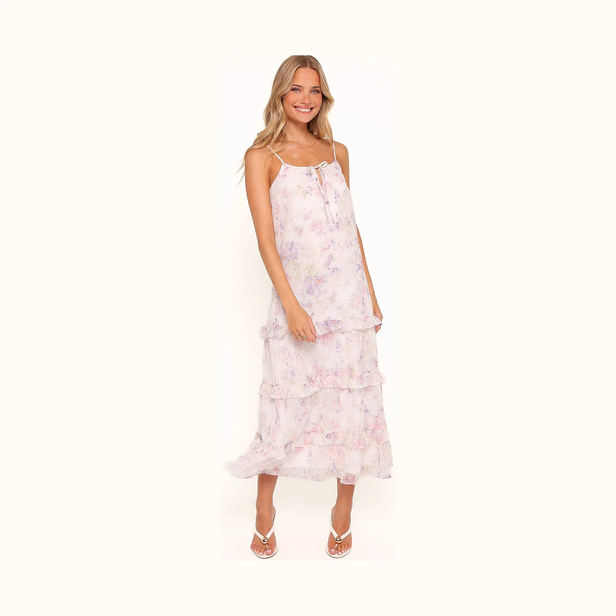 Long white dress with flowers in several colours