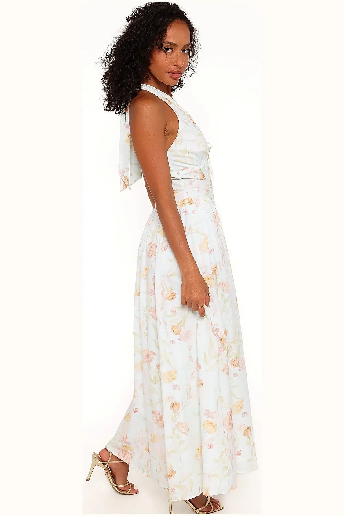 Light mint cotton maxi dress photographed from the side