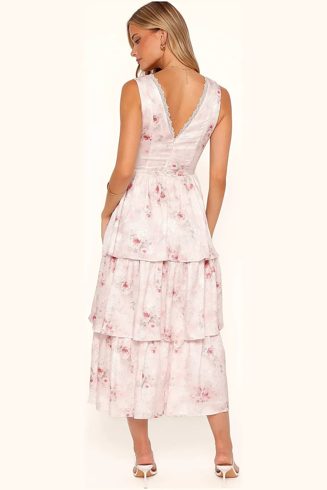 Detail of the satin floral print and v-neckline