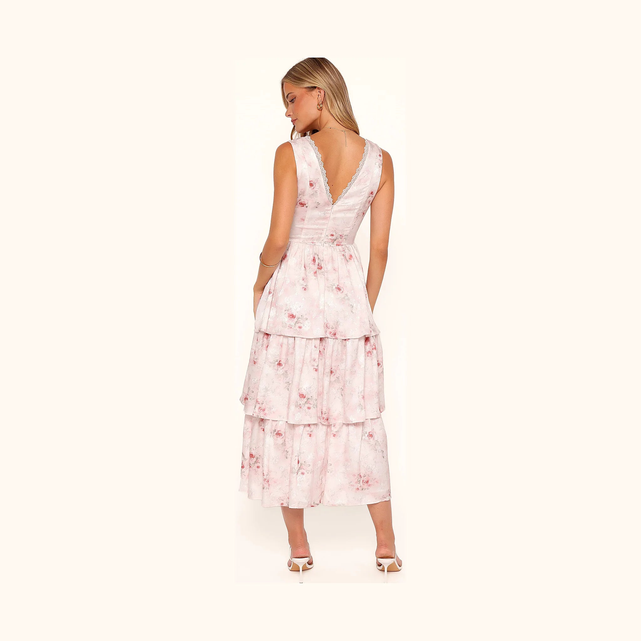Satin maxi dress in a white and pink print