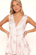White and pink floral satin v-neck maxi dress, front view