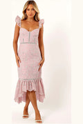 Pink lace sweetheart midi dress, front view on model
