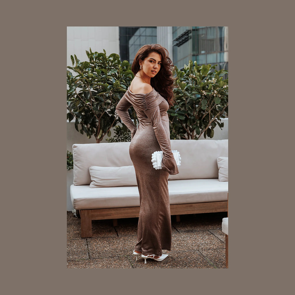 Oraton Off Shoulder Maxi Dress - Brown
