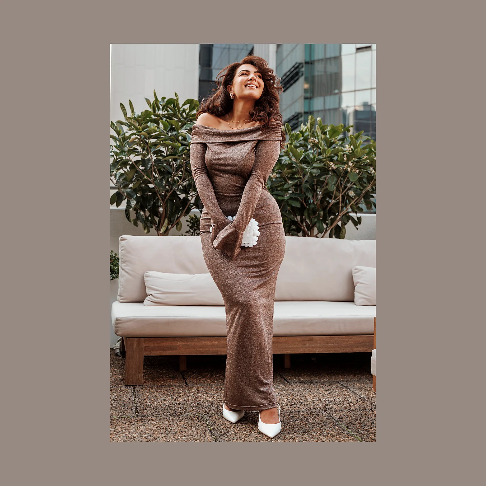 Full-length brown maxi dress in a bodycon fit with a metallic finish