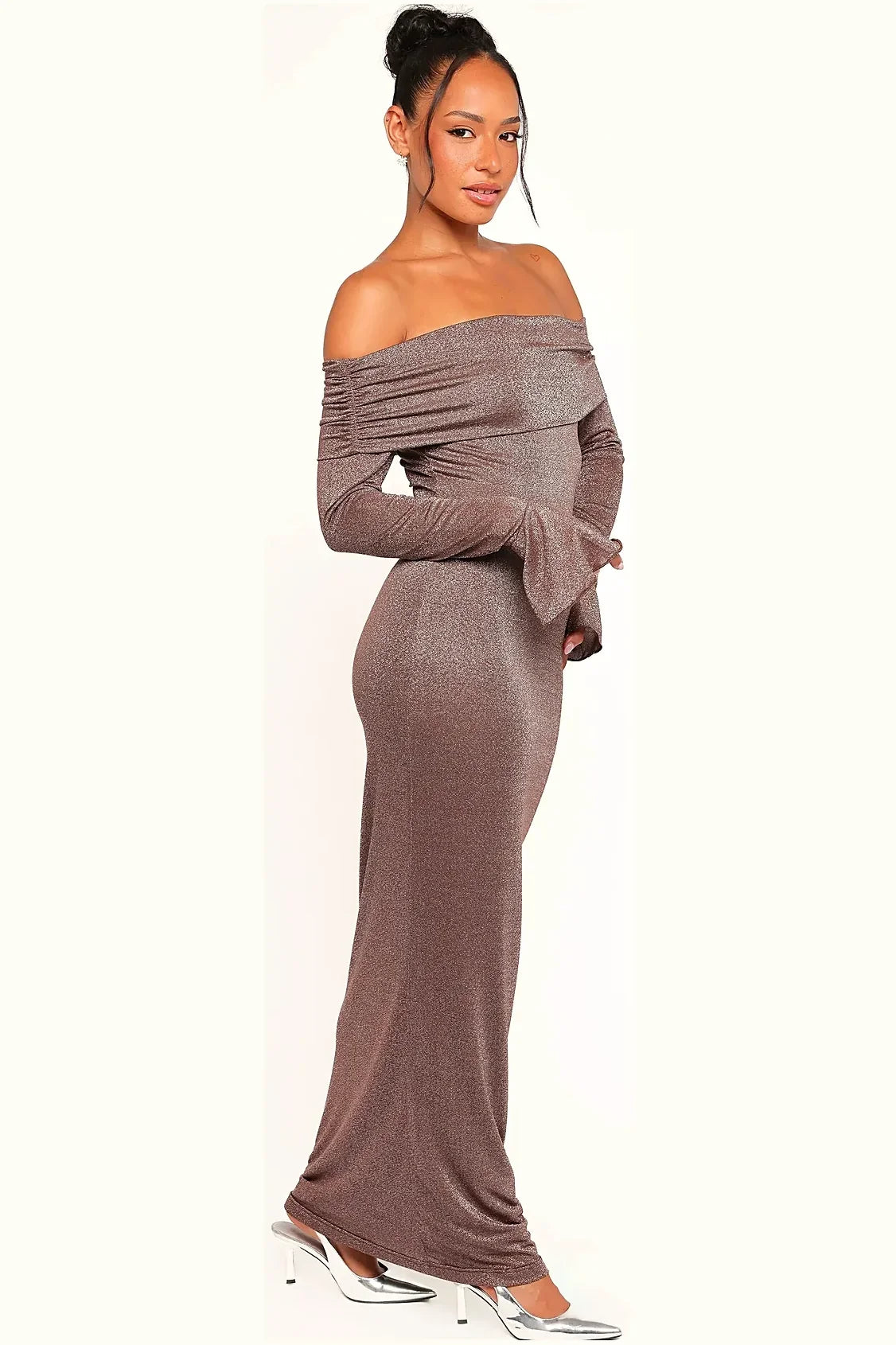 Close-up detail of the metallic finish on the brown maxi dress