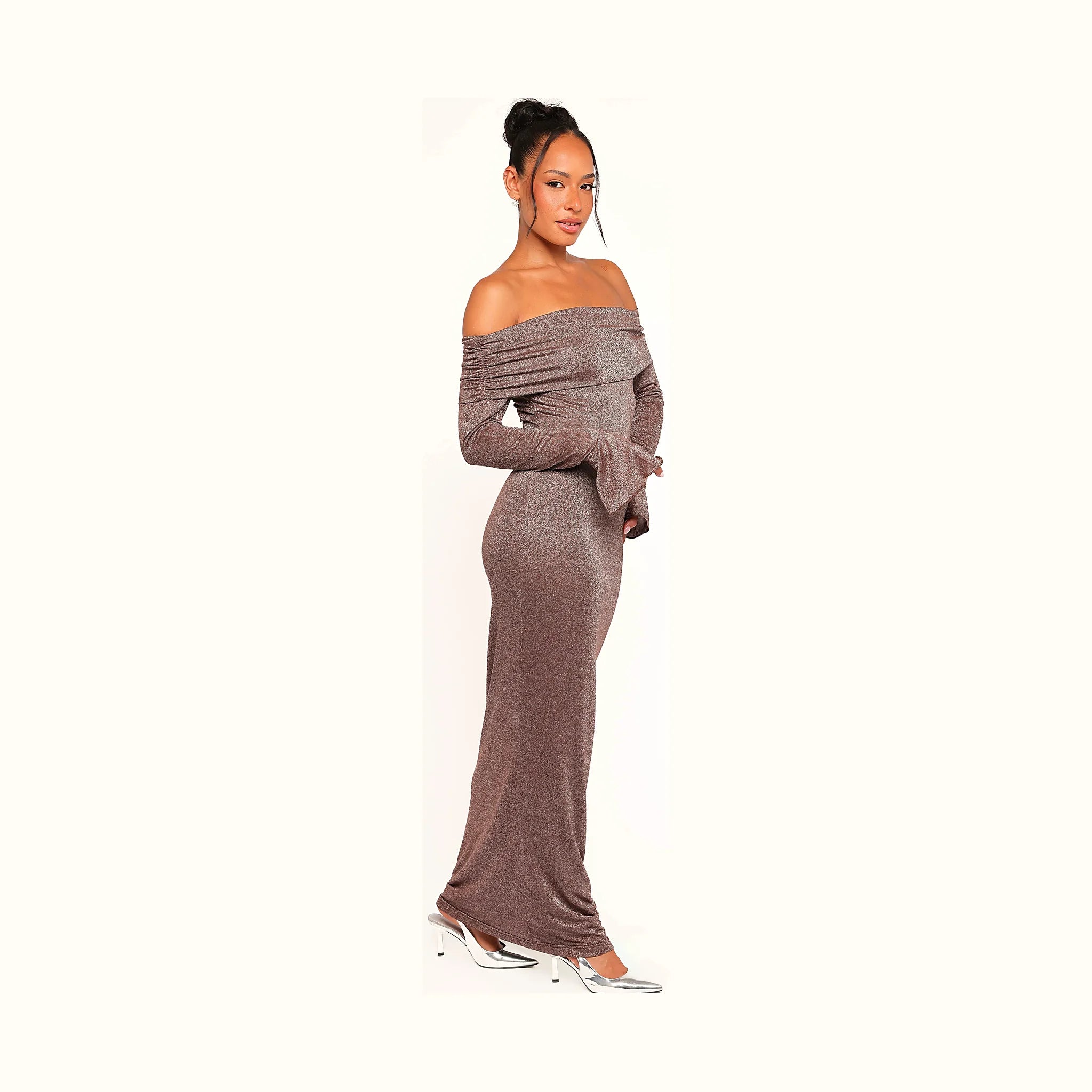Brown floor-length dress with an off-shoulder neckline