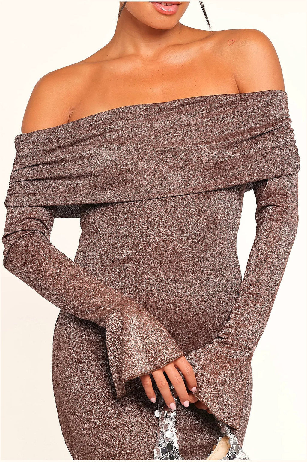 Back view of the brown off-shoulder maxi dress