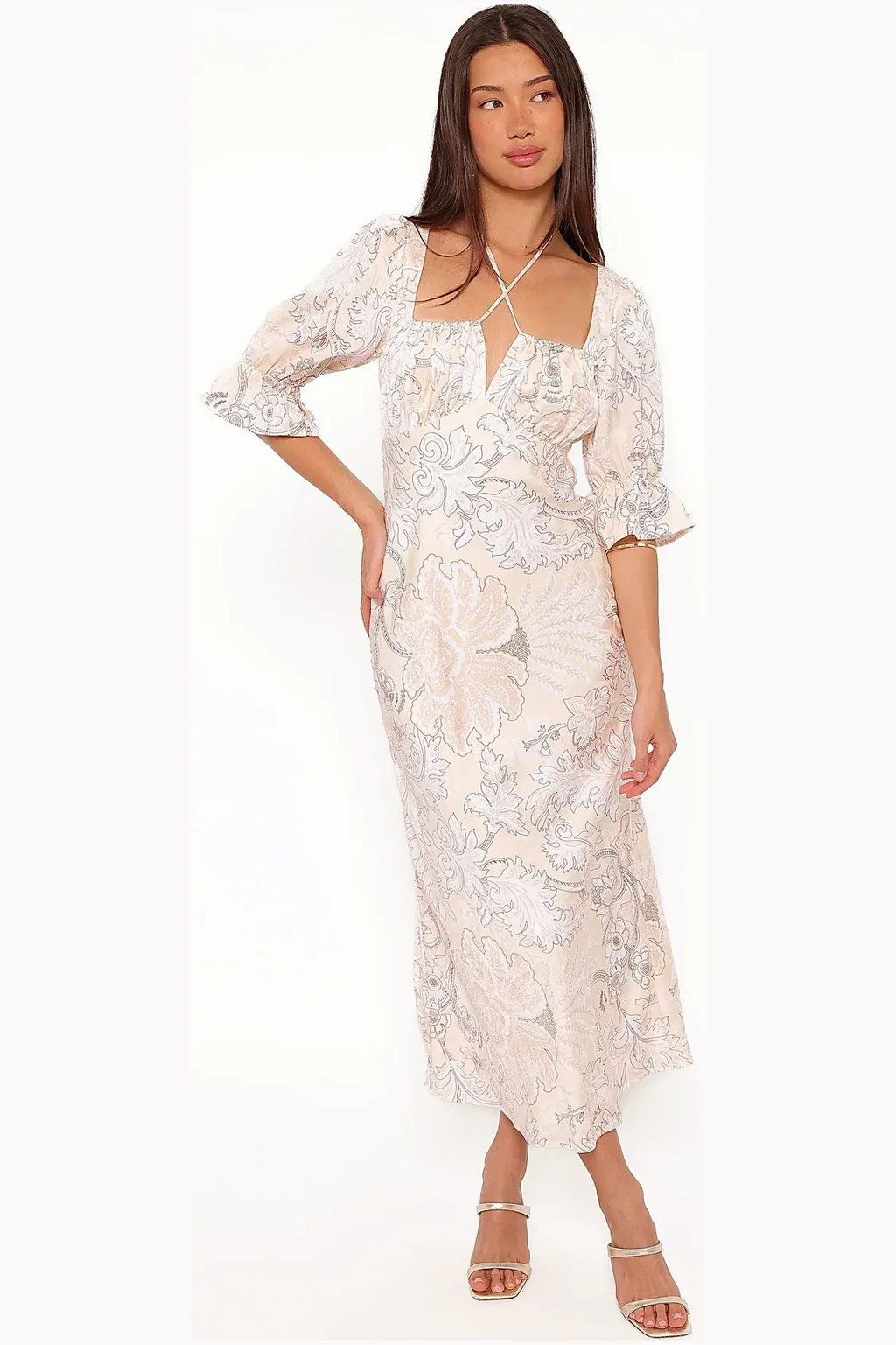 Pastel paisley long-sleeve satin maxi dress, front view