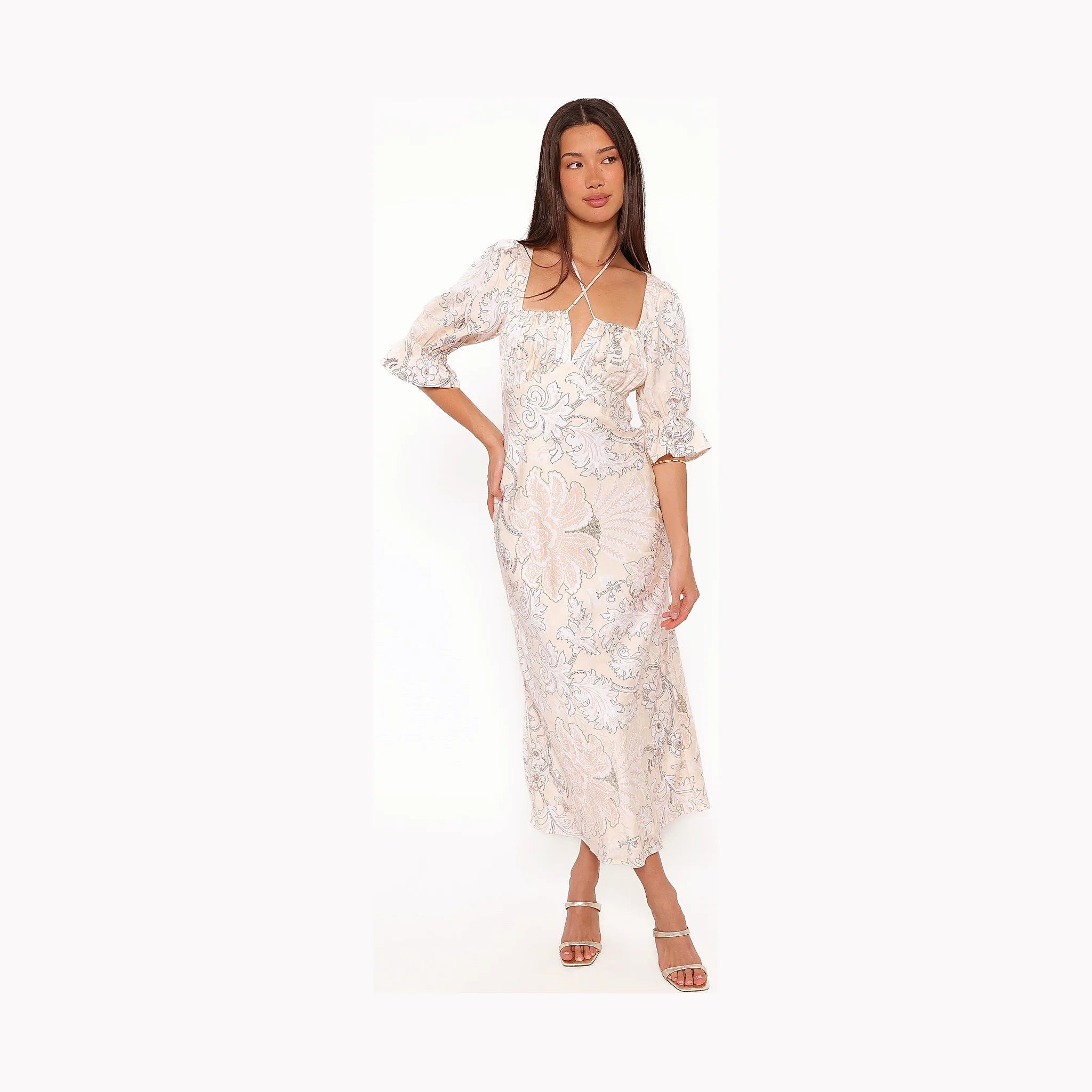Pastel paisley maxi dress with a square neckline and halter tie