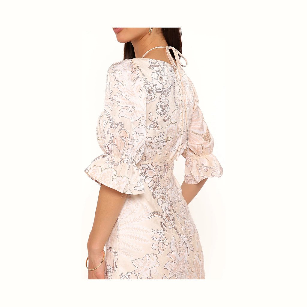 Floor-length satin dress in a soft paisley print