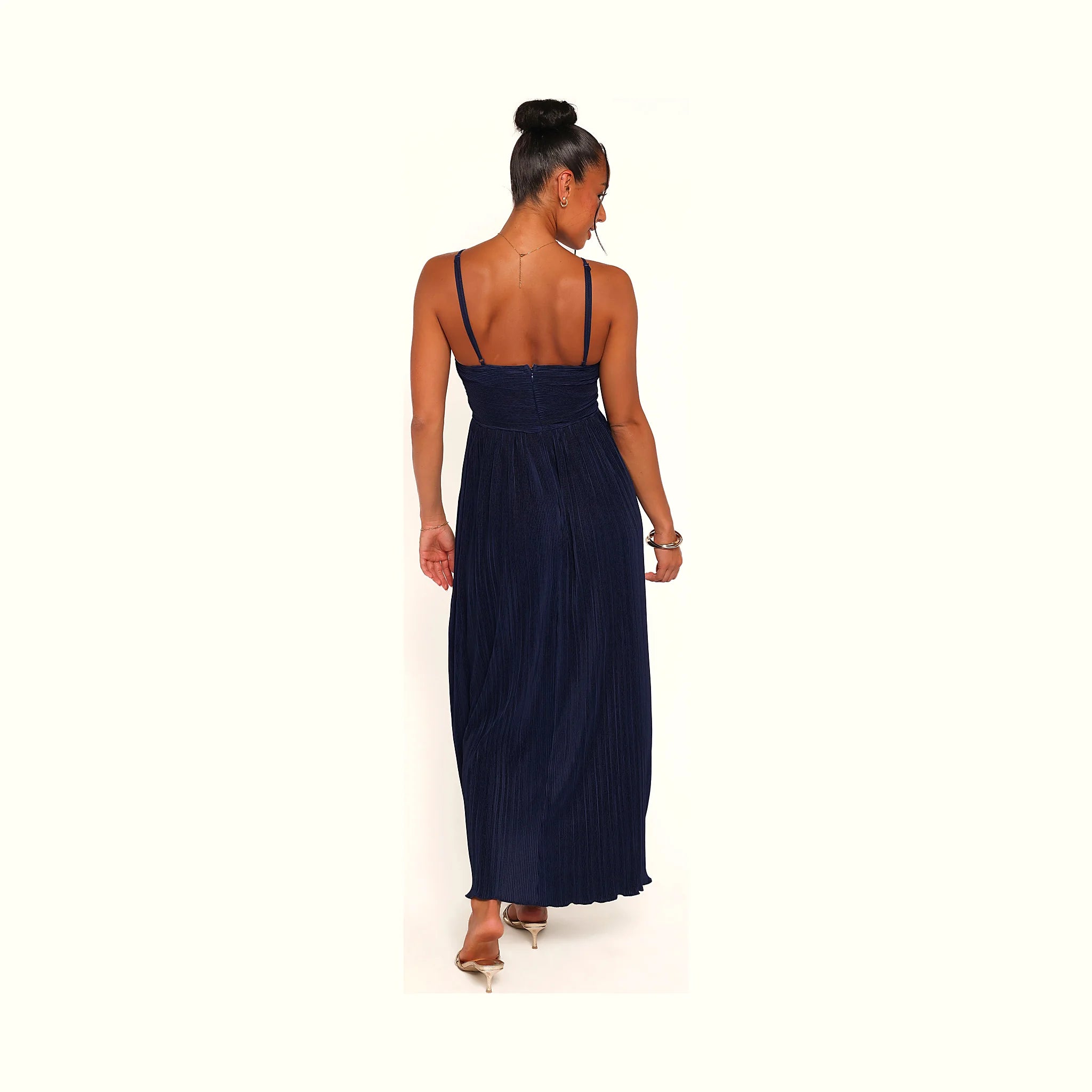 Navy maxi dress fastening at the neck