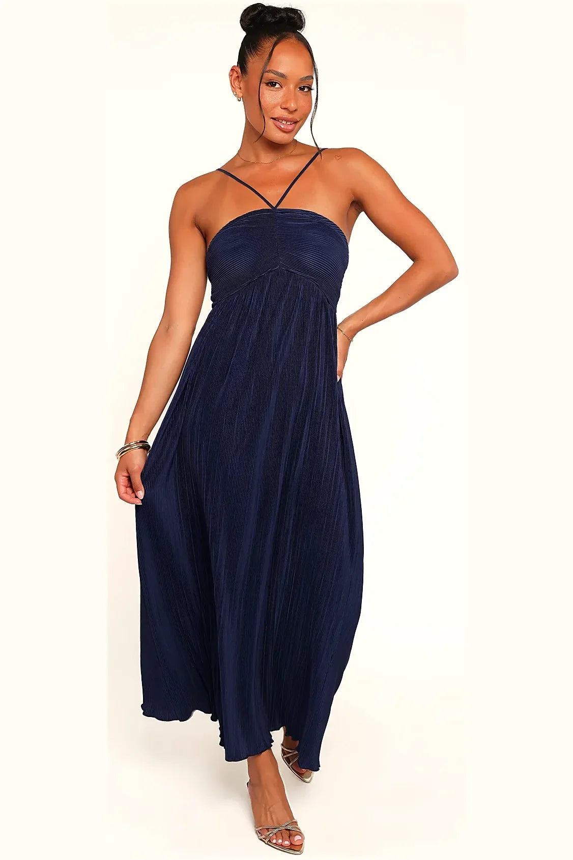 Full-length view of the navy blue maxi dress