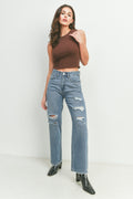 Looser straight leg with distressed detailing through the legs