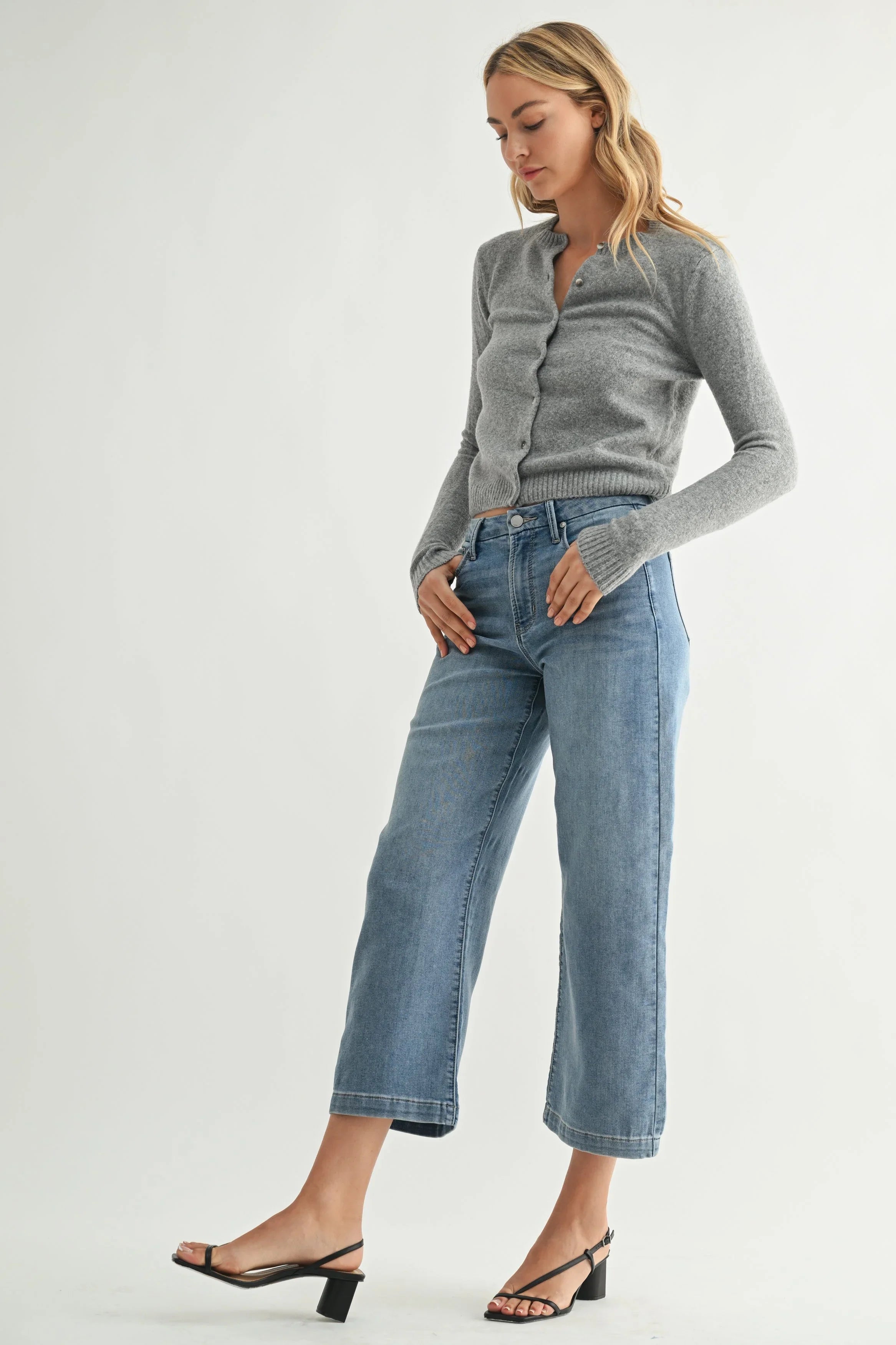 High rise waist on a relaxed wide-leg denim