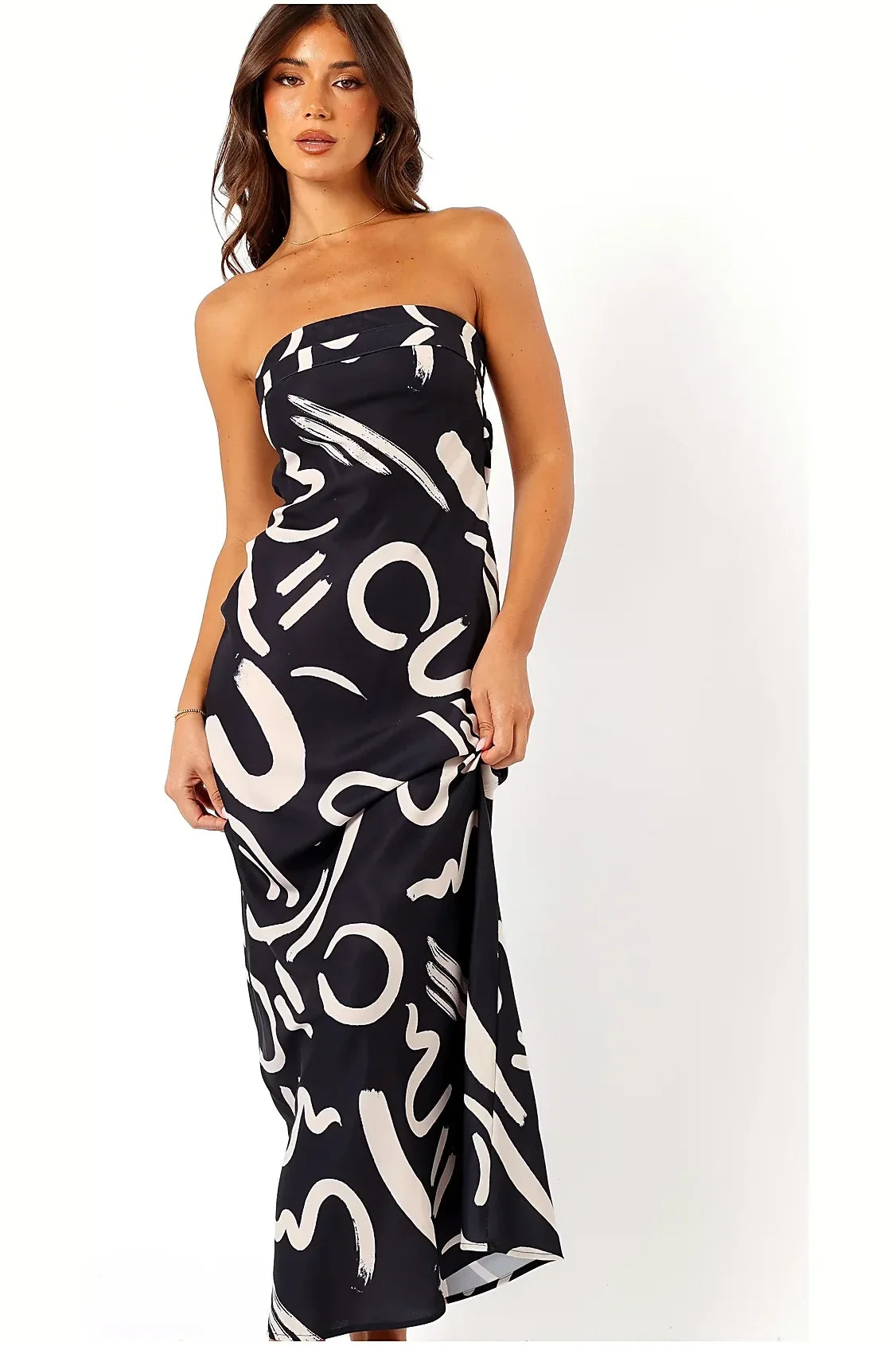 Model in the black and white abstract print maxi dress
