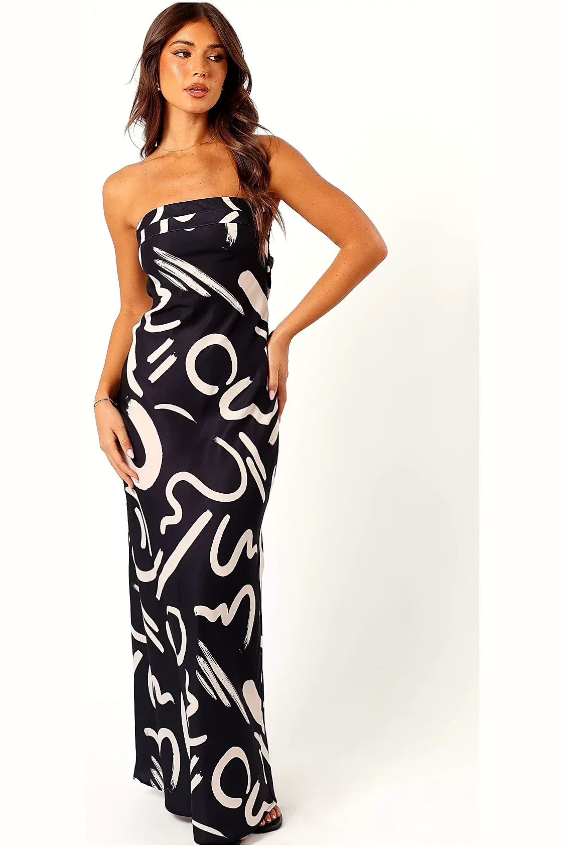 Black and white abstract strapless maxi dress, front view
