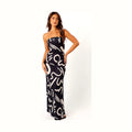 Black and white abstract print strapless maxi dress