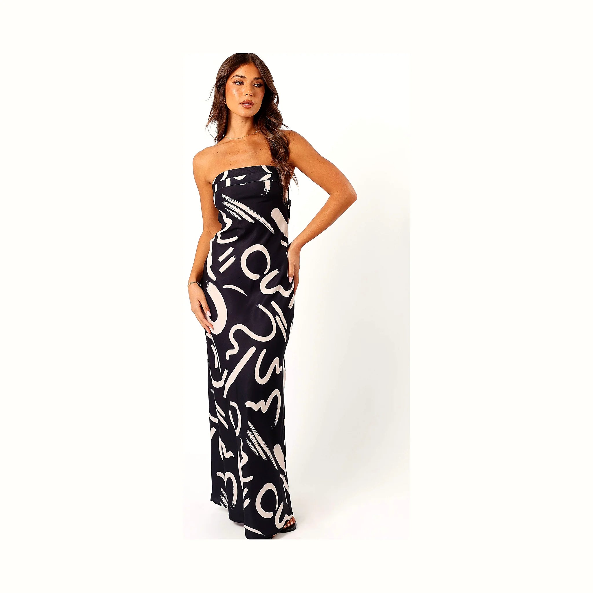 Black and white abstract print strapless maxi dress