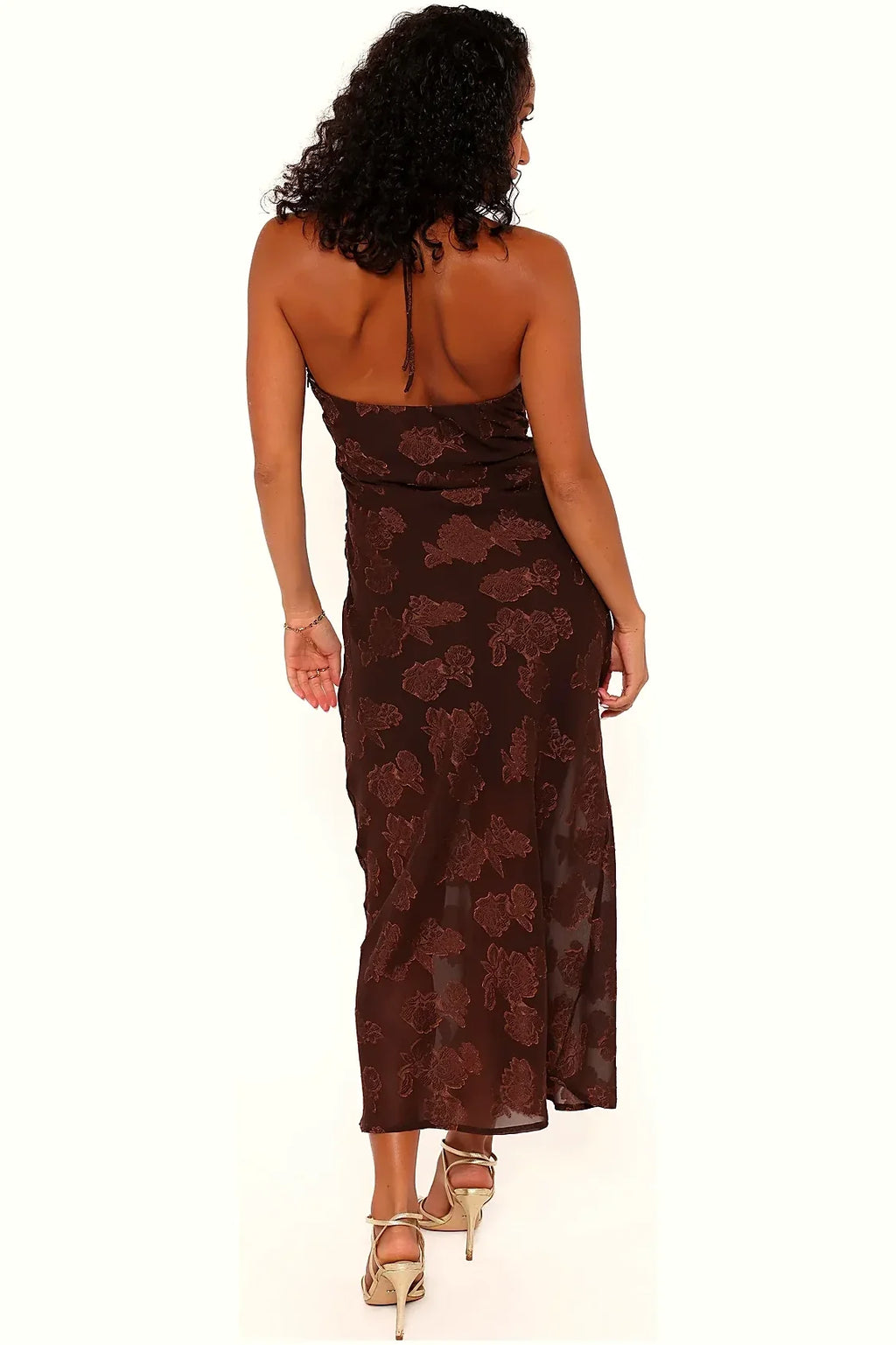 Detail of the halter neckline on the brown maxi dress