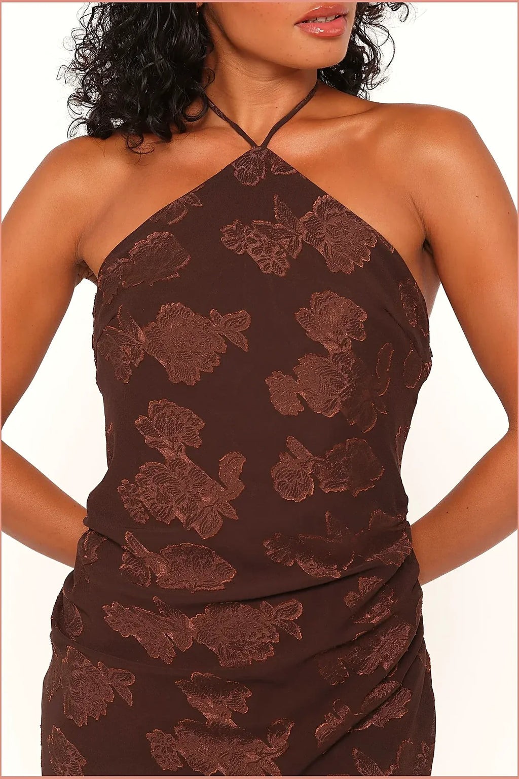 Brown halter neck maxi dress, front view