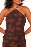Brown halter neck maxi dress, front view