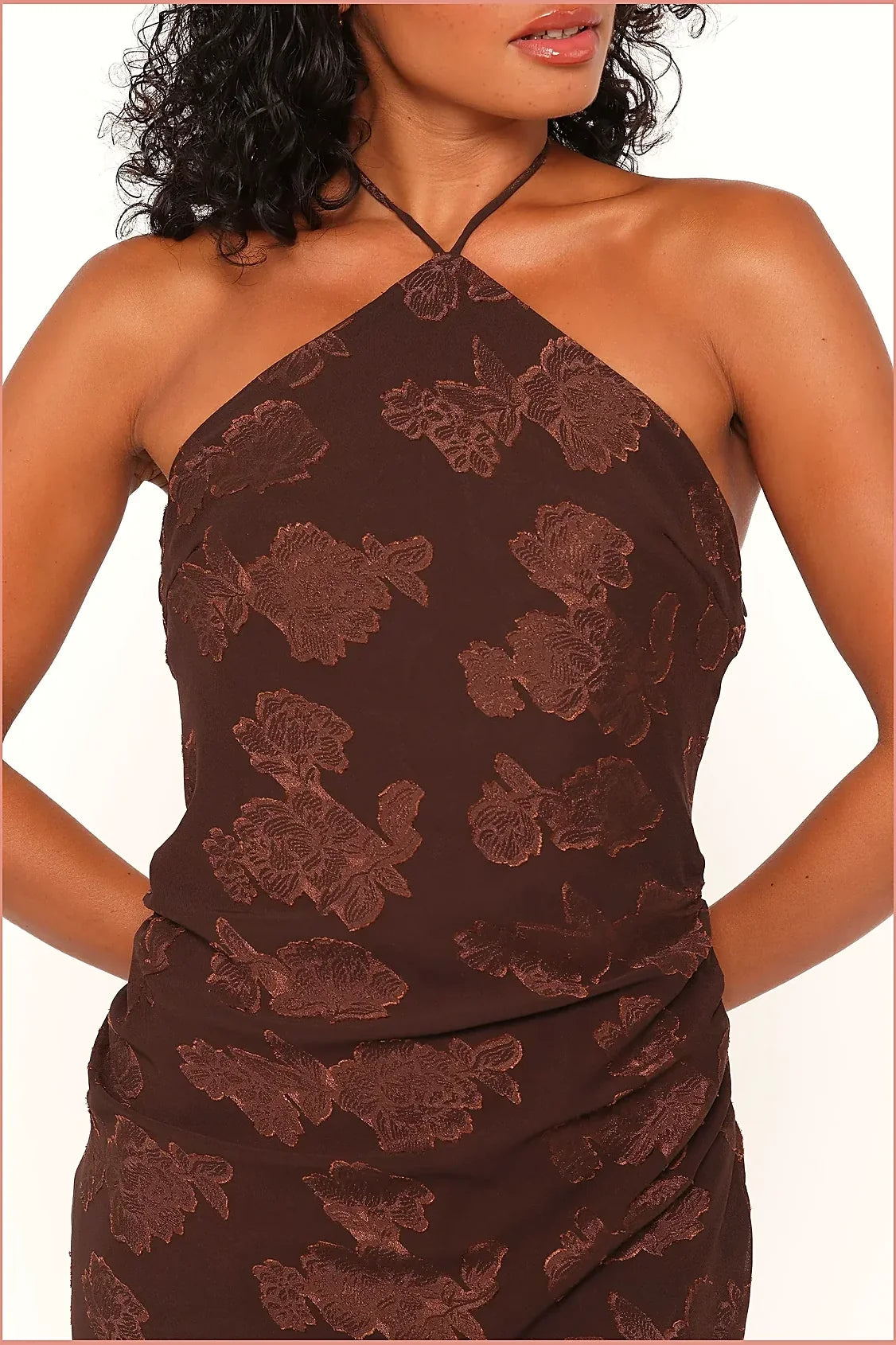 Brown halter neck maxi dress, front view