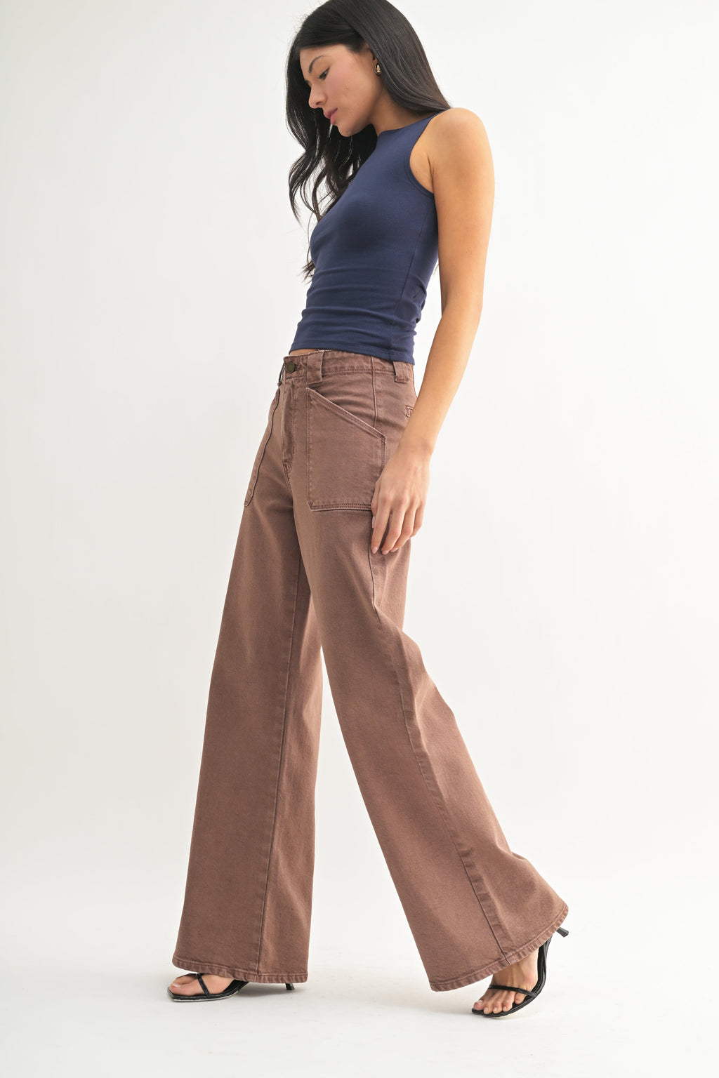 High rise waist above a bold retro-inspired wide leg