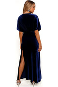Midnight blue velvet V-neck maxi dress, front view