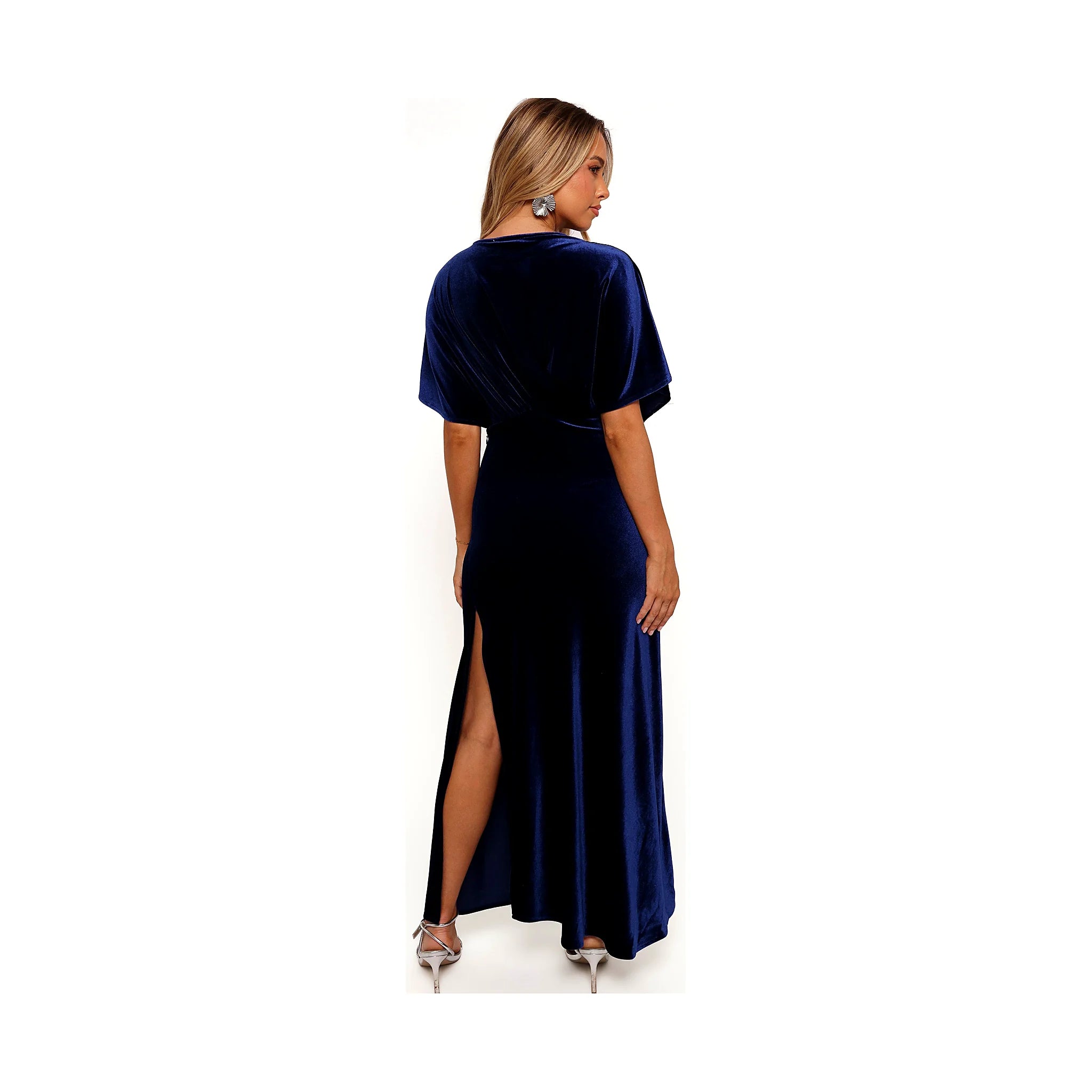 Midnight blue velvet maxi dress with a V-neckline