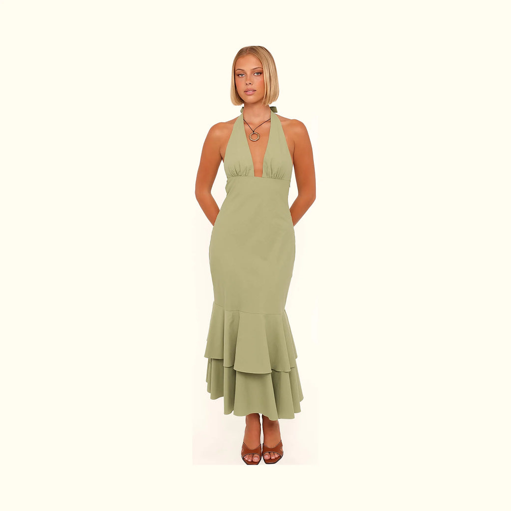 Green halterneck maxi dress in a plain weave