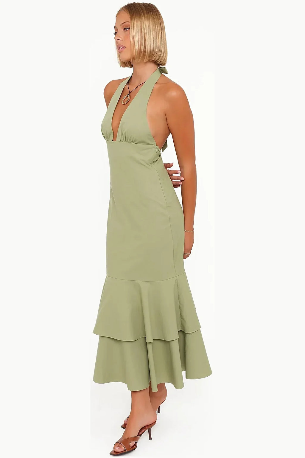 Back view of the olive green halterneck maxi dress