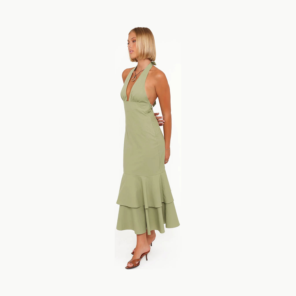 Floor-length olive dress with a matte cotton finish