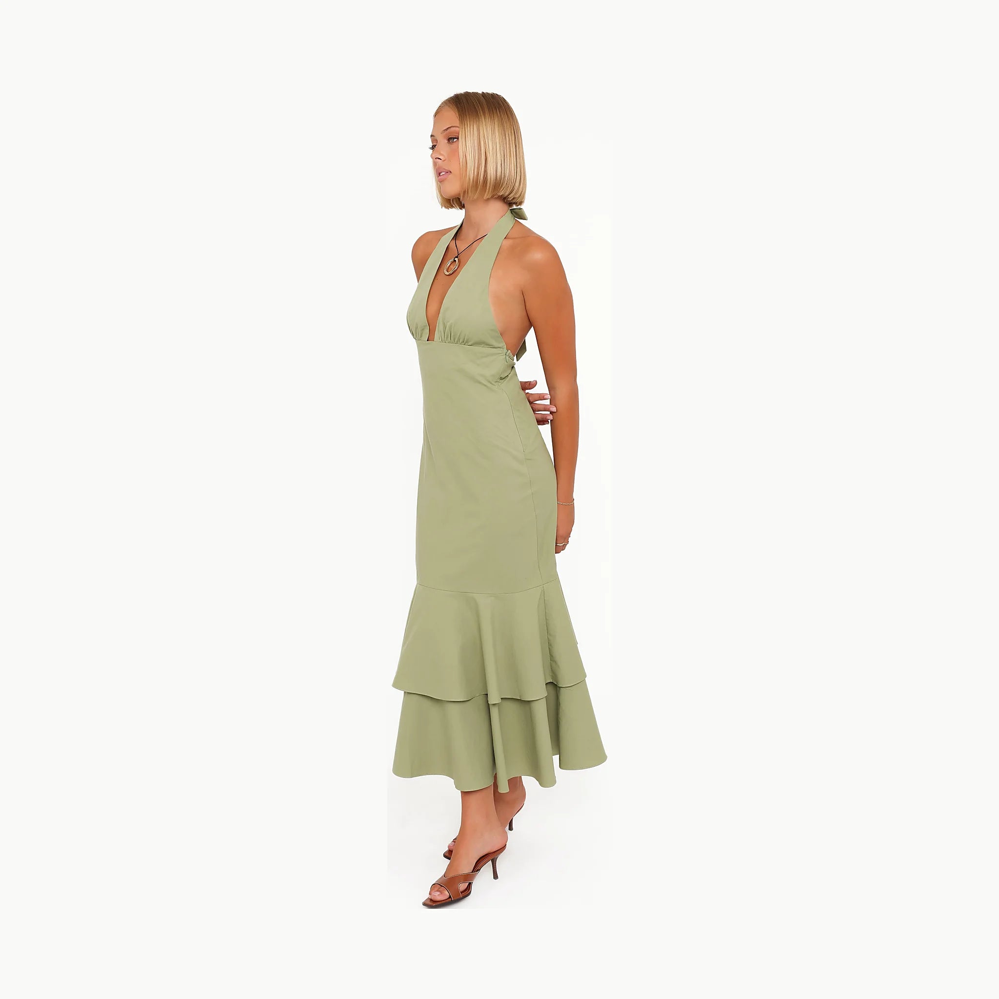 Floor-length olive dress with a matte cotton finish
