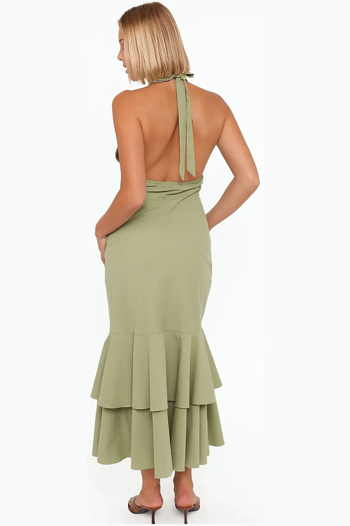 Olive green cotton halterneck maxi dress, front view