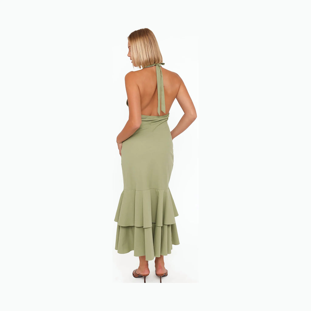 Olive green cotton maxi dress with a halterneck