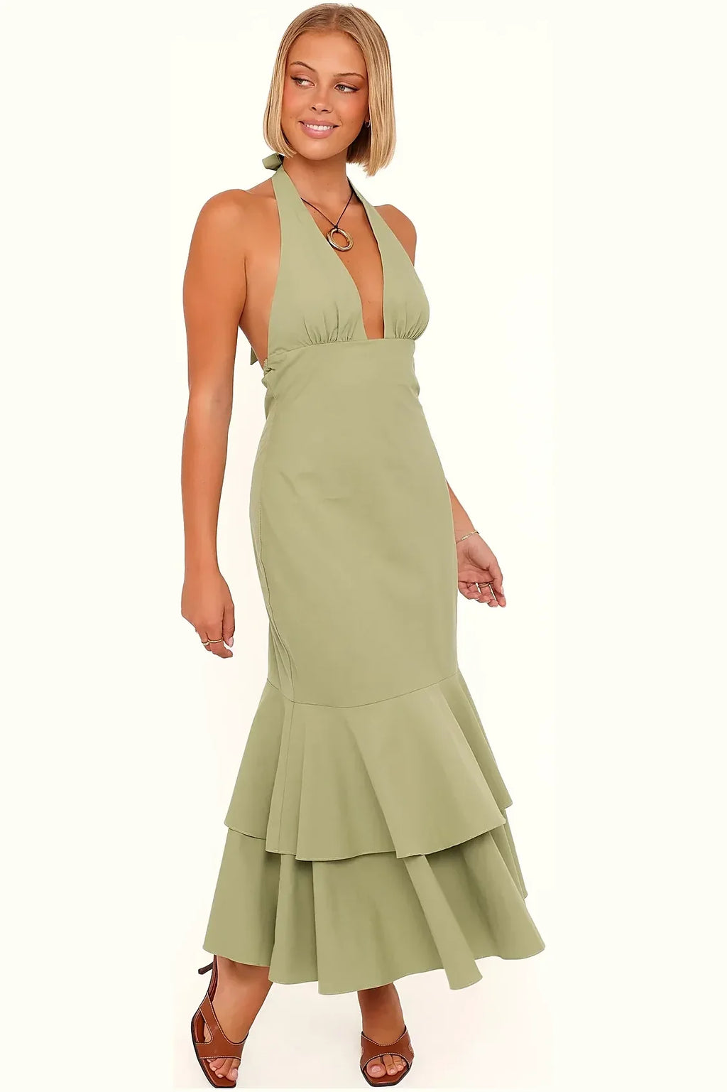 Full-length view of the olive green cotton maxi dress