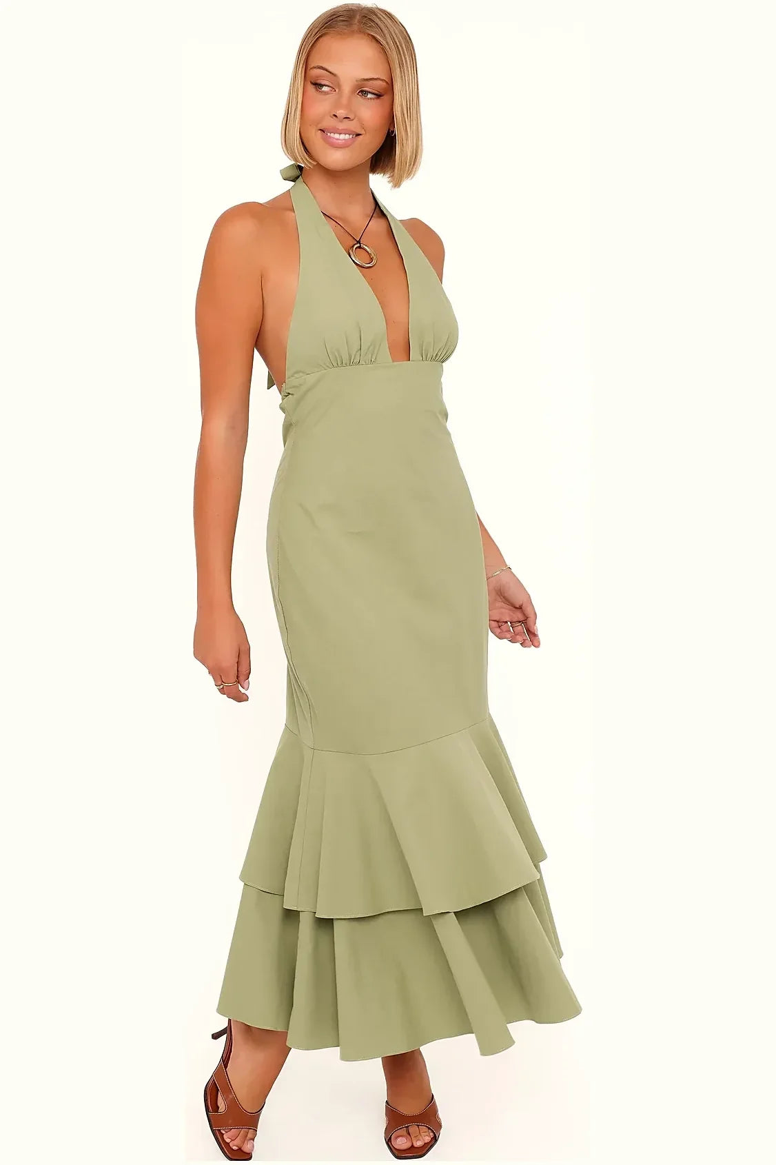 Full-length view of the olive green cotton maxi dress