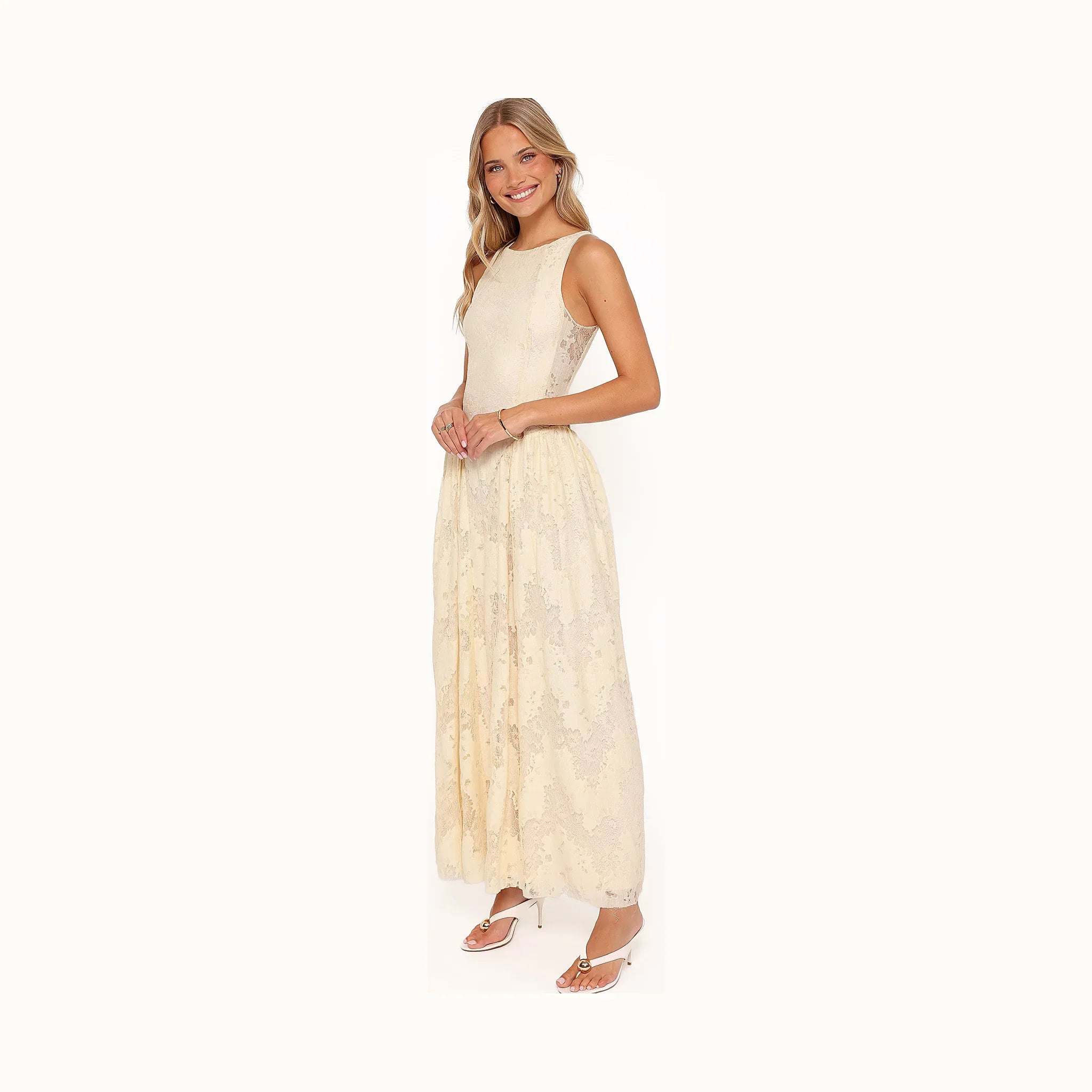 A butter yellow lace maxi dress on the rail at MAY MAX.